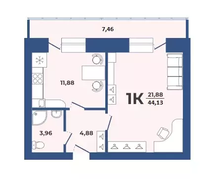 1-к квартира, 44.13 м - Фото 0