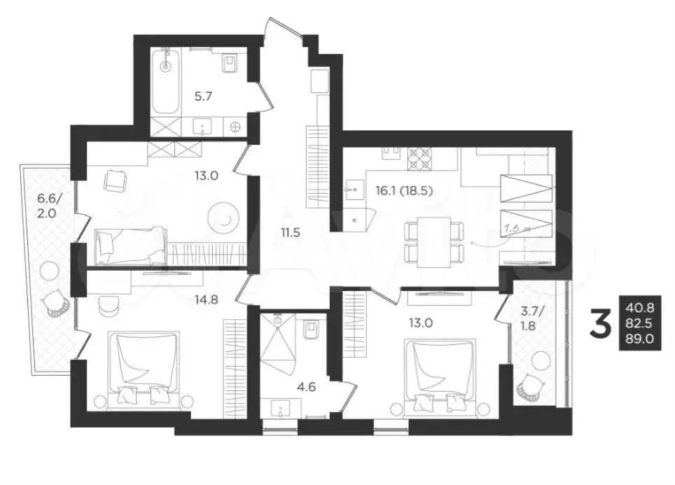 3-к. квартира, 82,5 м, 4/4 эт. - Фото 1