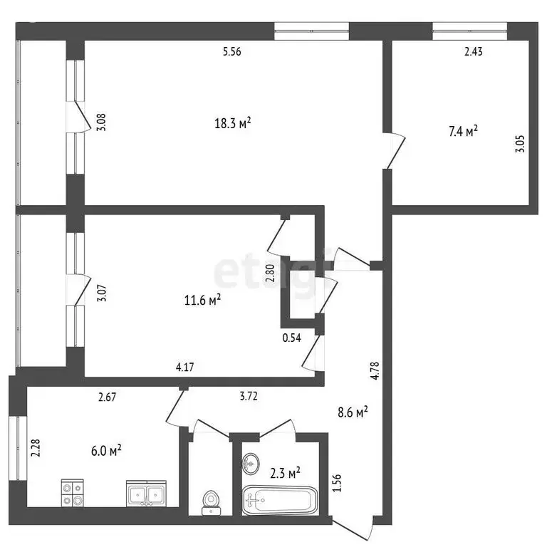 3-комнатная квартира: Челябинск, улица Масленникова, 2 (56.3 м) - Фото 1