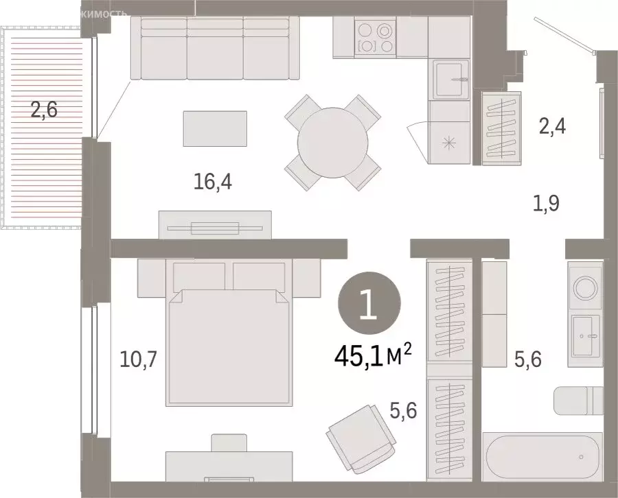 1-комнатная квартира: Тюмень, Мысовская улица, 26к2 (45.13 м) - Фото 1