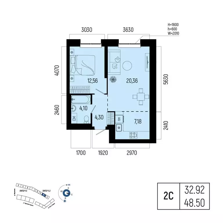 2-комнатная квартира: Уфа, Советский район, порт Уфа (48.5 м) - Фото 0
