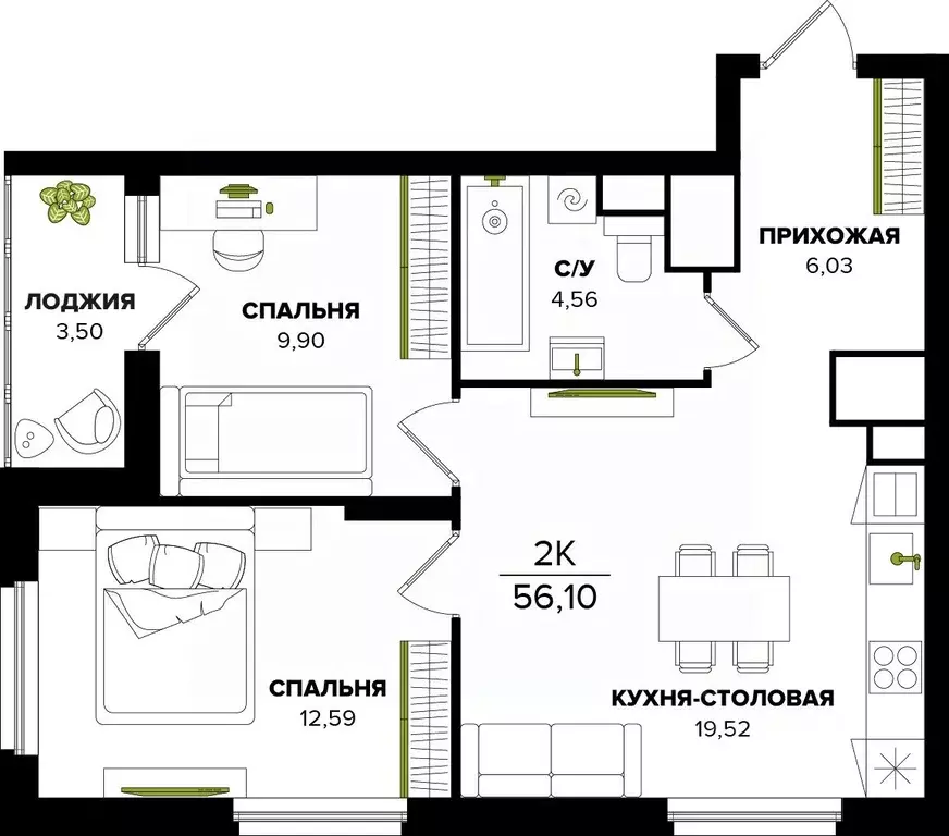 2-к кв. Тульская область, Тула  (56.1 м) - Фото 0
