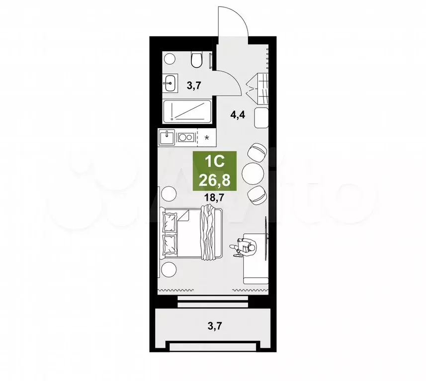 Апартаменты-студия, 26,8 м, 9/15 эт. - Фото 0