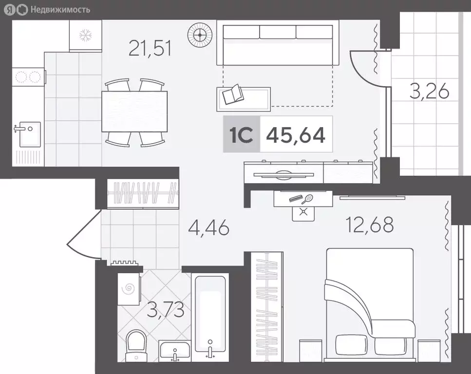 1-комнатная квартира: Тюмень, улица Василия Малкова, 12 (45.64 м) - Фото 1