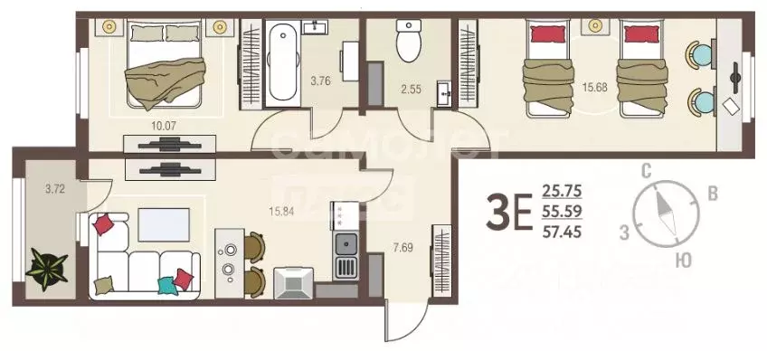 2-к кв. Курская область, Курск ул. Энгельса, 115 (57.45 м) - Фото 1