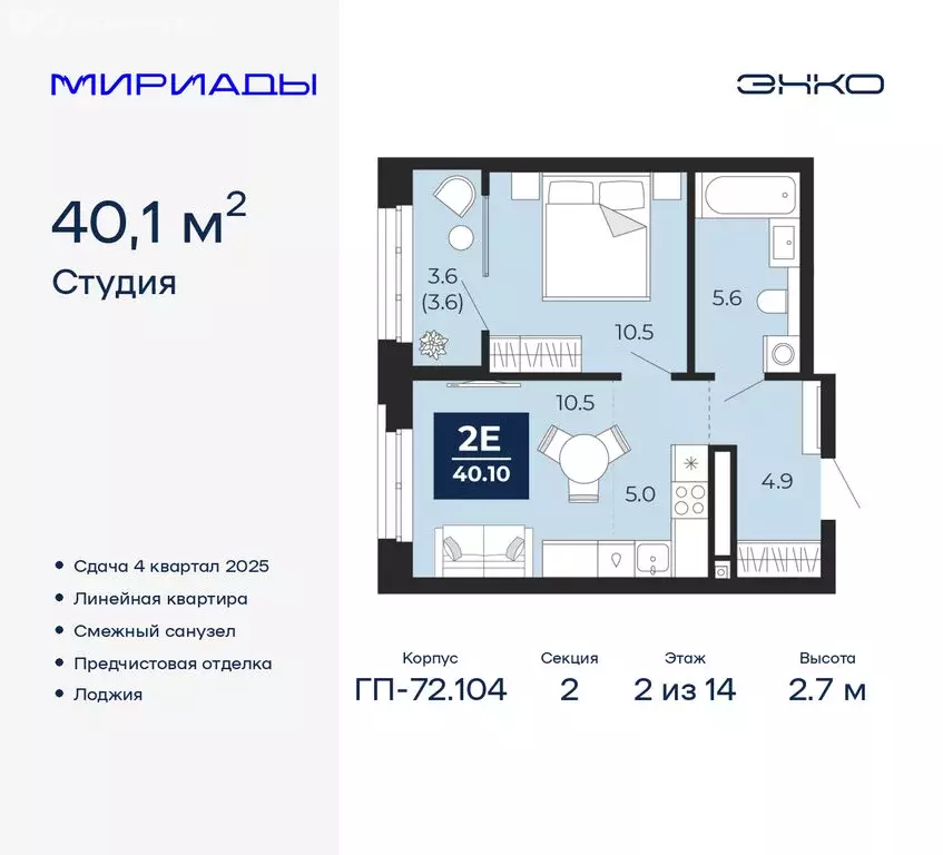 2-комнатная квартира: Тюмень, ЖК Мириады (40.1 м) - Фото 0