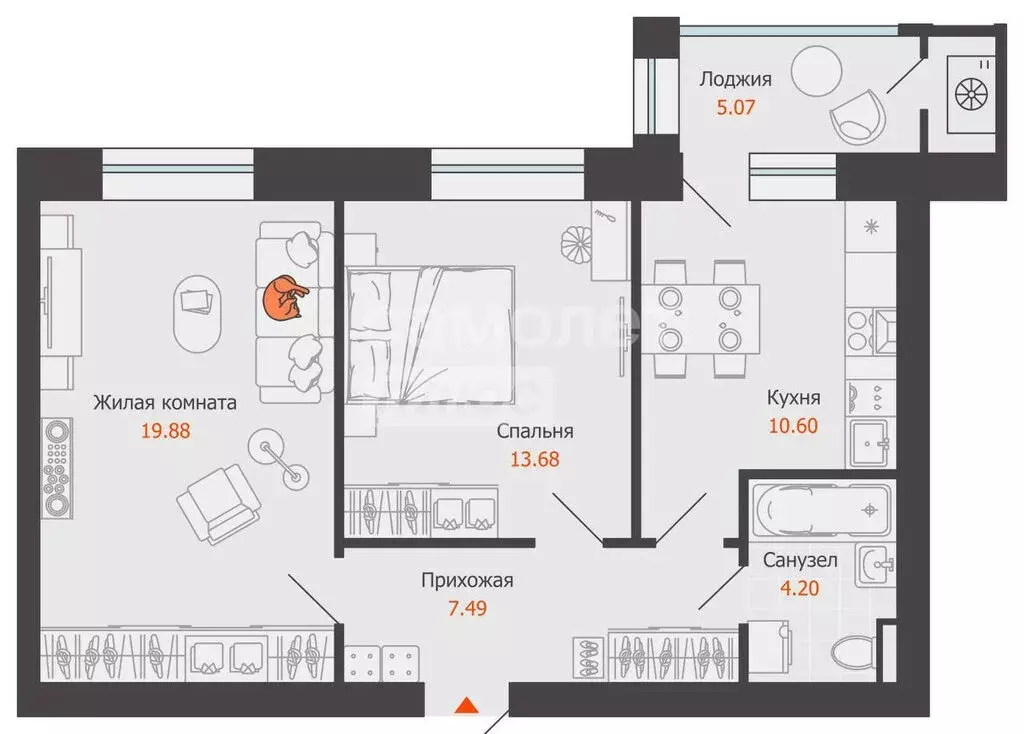 2-комнатная квартира: село Первомайский, ЖК Знак, 22 (56.01 м) - Фото 1