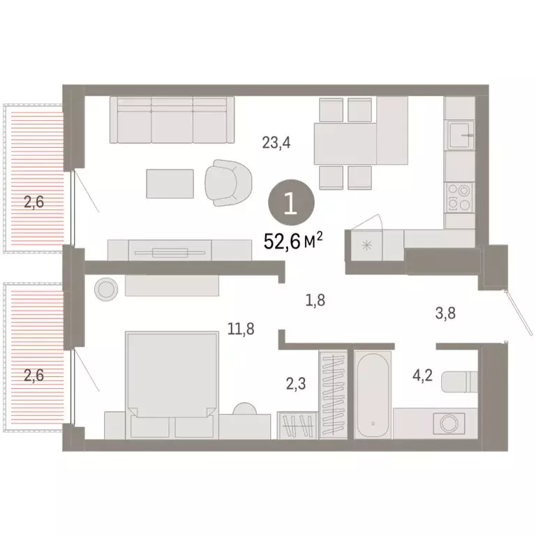 1-комнатная квартира: Тюмень, Мысовская улица, 26к2 (52.62 м) - Фото 1