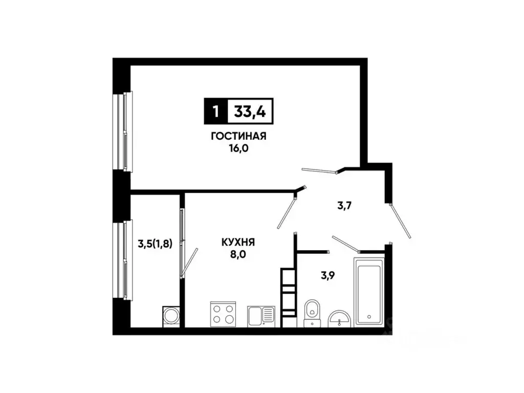 1-к кв. Ставропольский край, Ставрополь ул. Доваторцев, 179В (33.4 м) - Фото 2