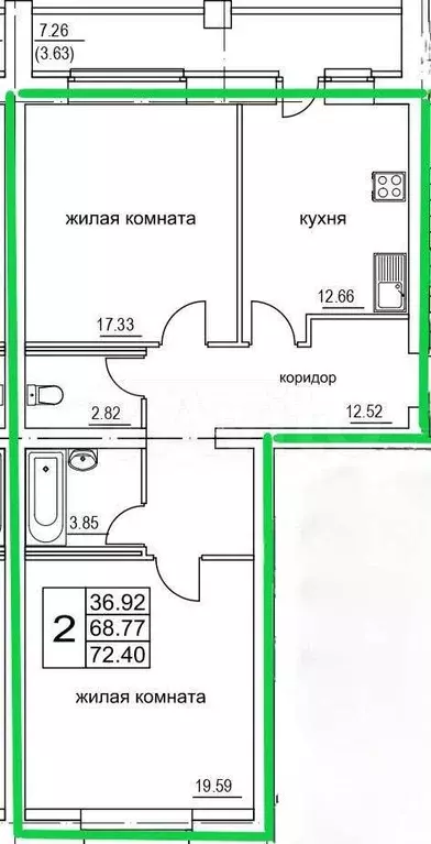 2-к. квартира, 72,4 м, 2/9 эт. - Фото 0