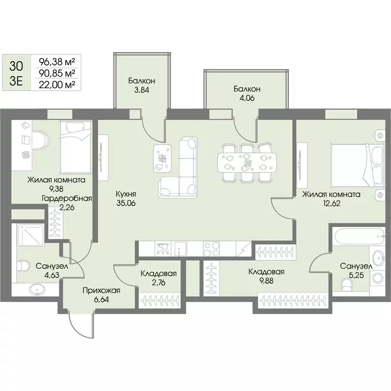 2-к квартира, 90.85 м - Фото 0