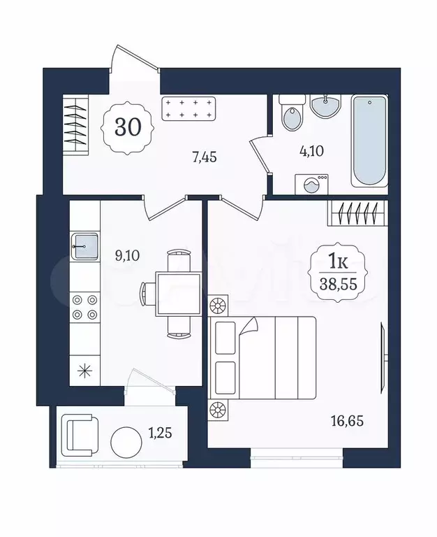 1-к. квартира, 38,6 м, 8/9 эт. - Фото 1