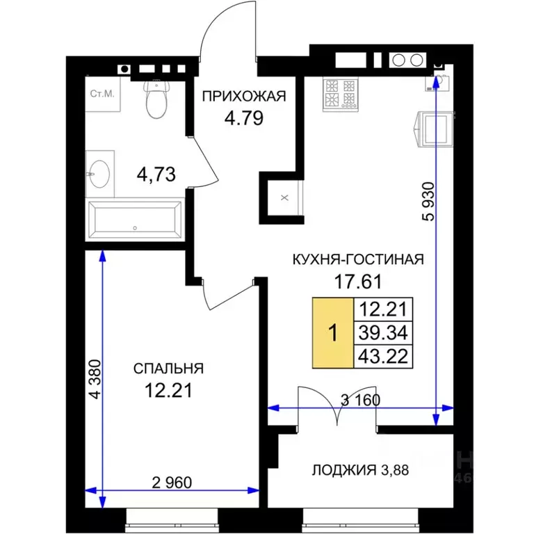 1-к кв. Калининградская область, Гурьевск Включи жилой комплекс (43.22 ... - Фото 0