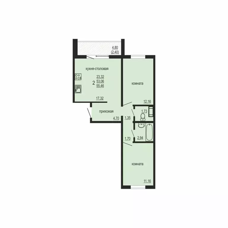 2-комнатная квартира: посёлок Западный, улица Дружбы, 6 (55.46 м) - Фото 1