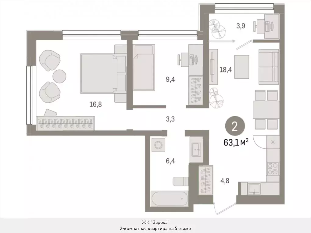 2-комнатная квартира: Тюмень, Мысовская улица, 26к1 (63.07 м) - Фото 0