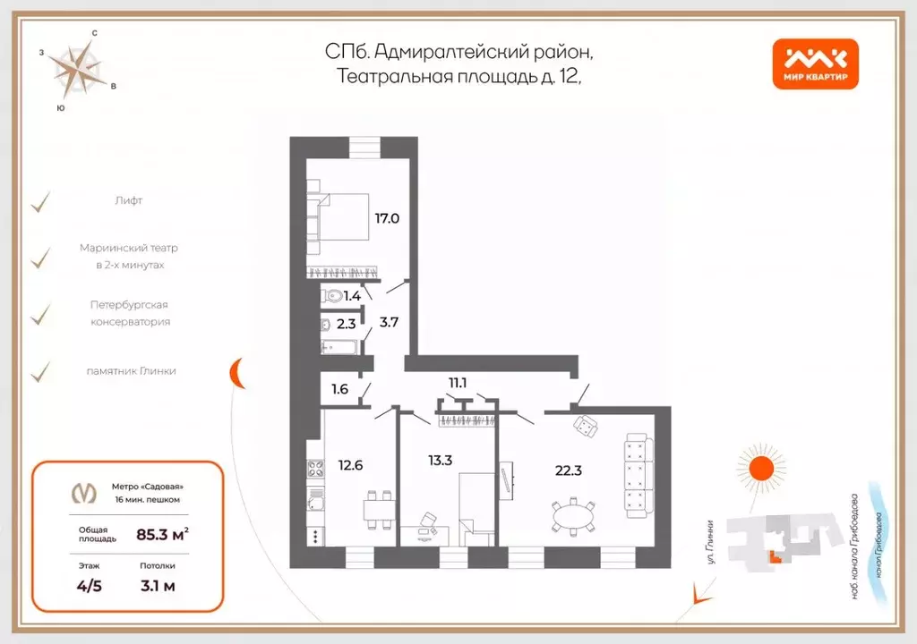 3-к кв. Санкт-Петербург Театральная пл., 12 (85.5 м) - Фото 1
