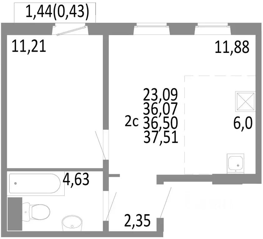 2-к кв. Челябинская область, Челябинск ул. Блюхера, 125В (36.5 м) - Фото 0