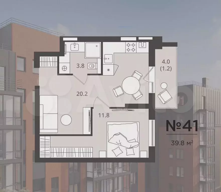 1-к. квартира, 39,8 м, 3/7 эт. - Фото 0