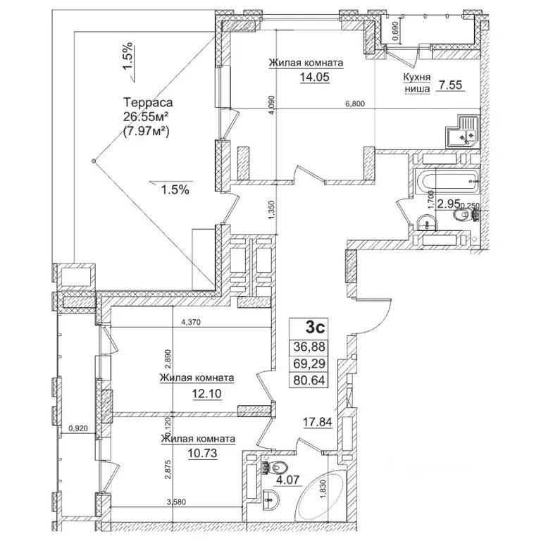 3-к кв. Новосибирская область, Новосибирск Фабричная ул., 65/1 (69.2 ... - Фото 1