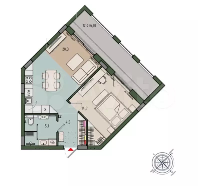 1-к. квартира, 50,7 м, 6/9 эт. - Фото 1
