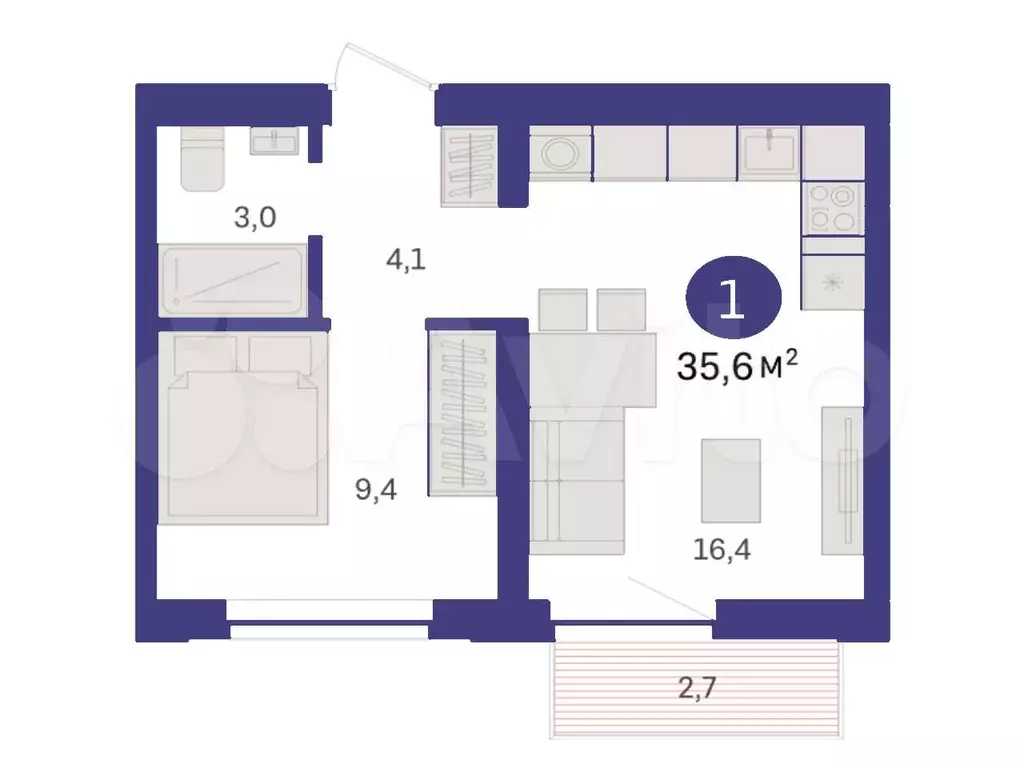 1-к. квартира, 35,6 м, 5/9 эт. - Фото 1