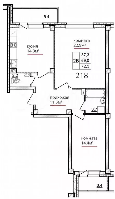 2-к. квартира, 72,3м, 5/9эт. - Фото 1