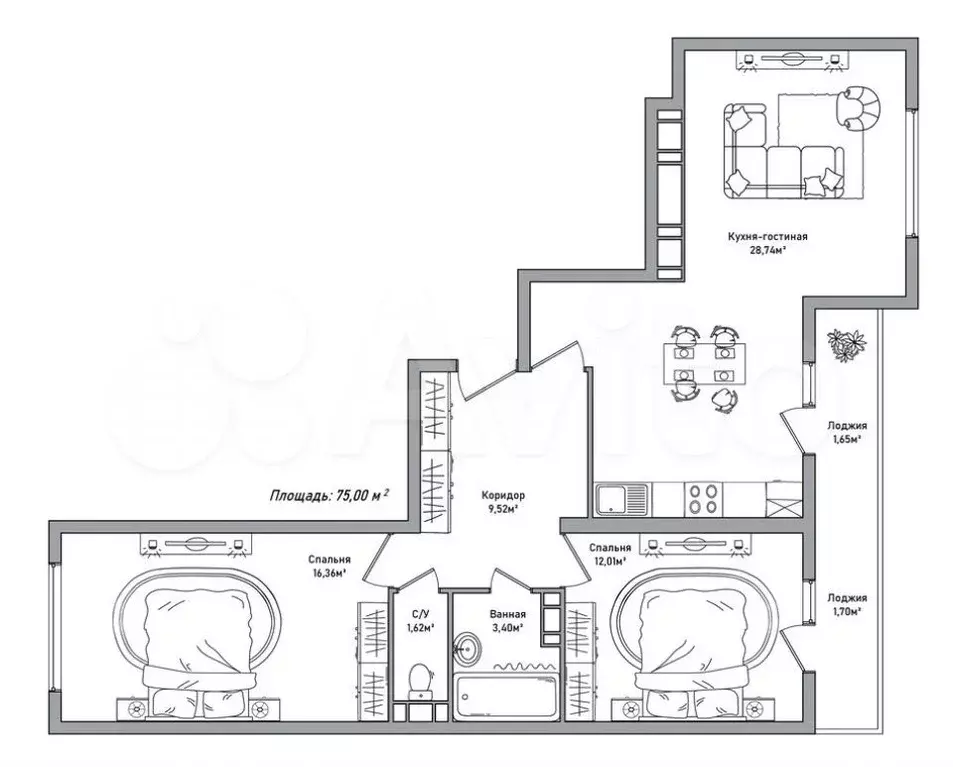 2-к. квартира, 75 м, 2/8 эт. - Фото 0