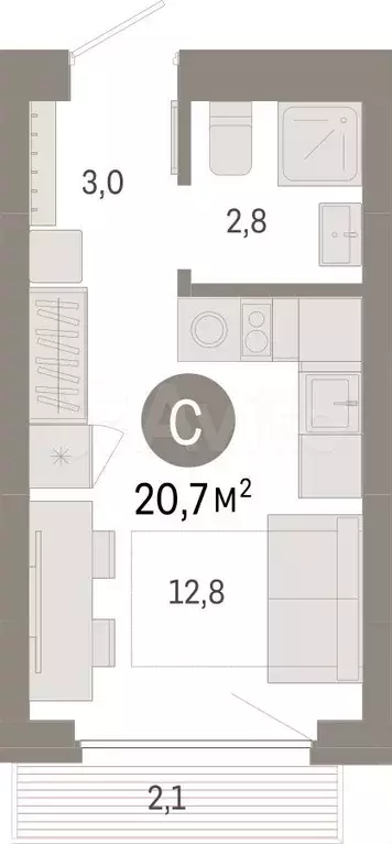 Квартира-студия, 20,7 м, 3/12 эт. - Фото 0