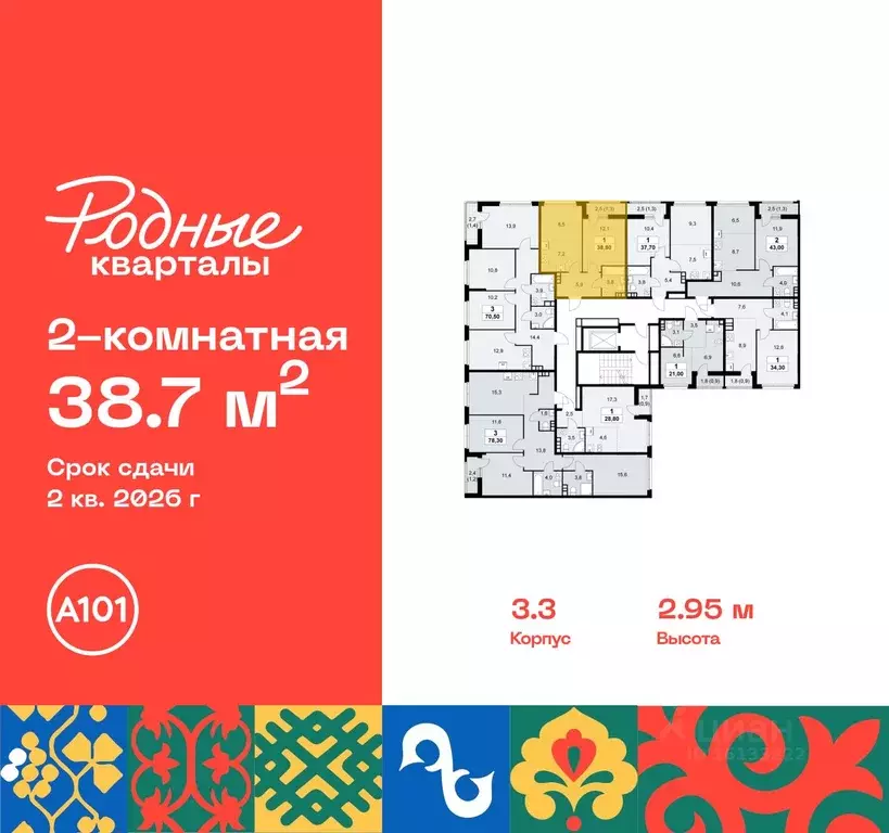 2-к кв. Москва Родные кварталы жилой комплекс, 3.3 (38.7 м) - Фото 1