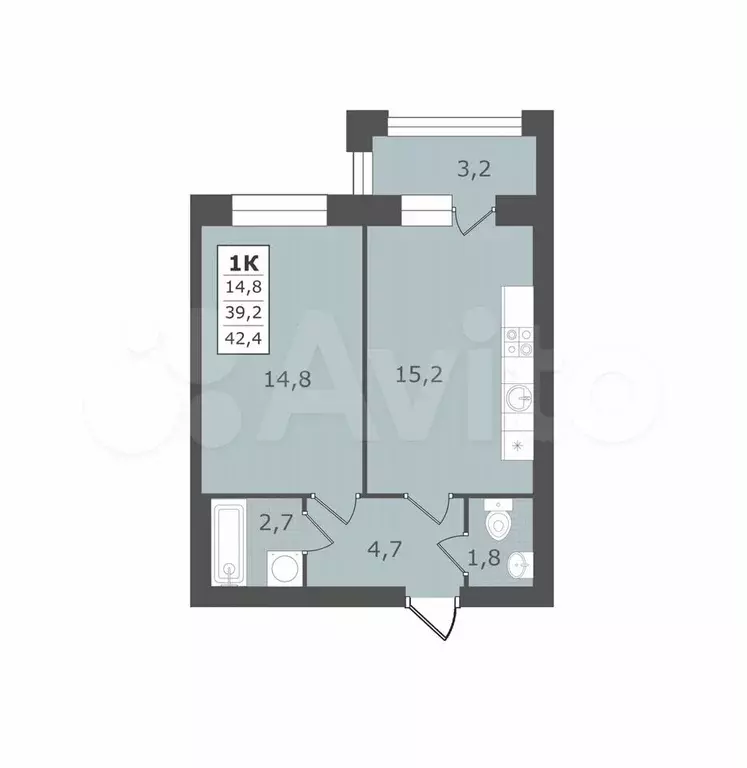 1-к. квартира, 42,4 м, 4/4 эт. - Фото 1