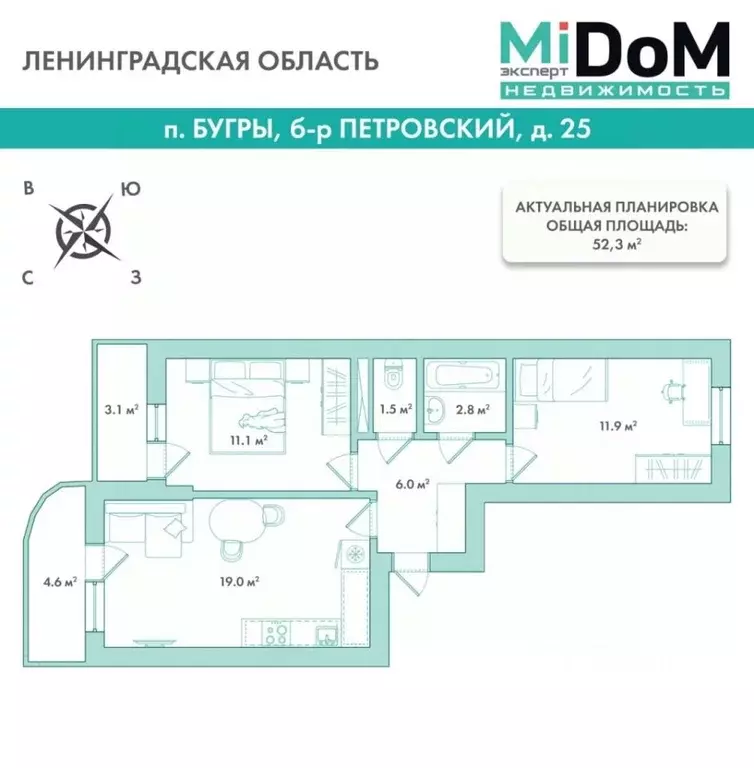 2-к кв. Ленинградская область, Всеволожский район, пос. Бугры бул. ... - Фото 2