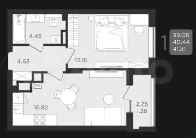 1-к. квартира, 41,8 м, 2/9 эт. - Фото 1