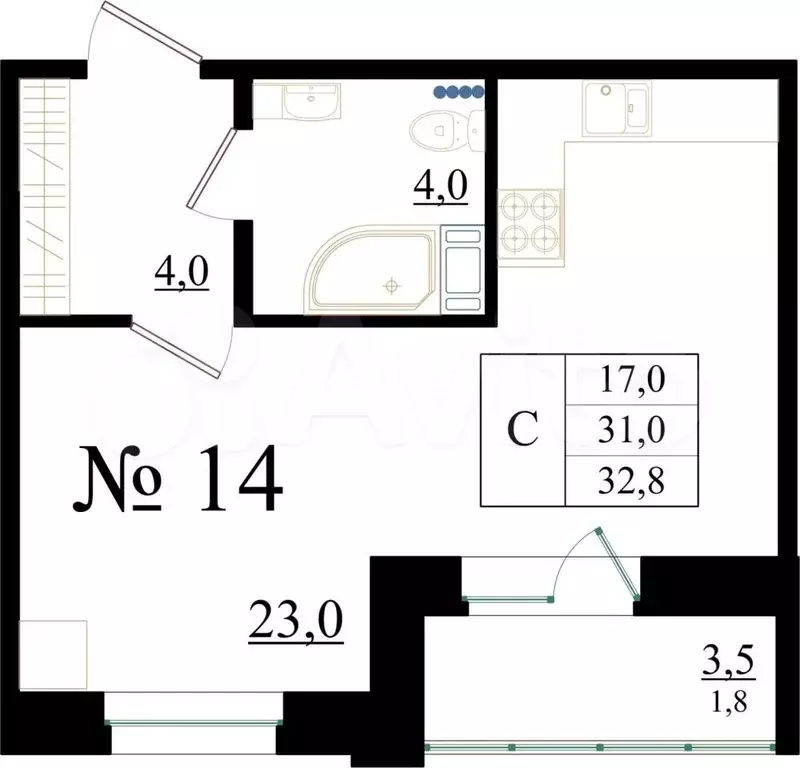 Квартира-студия, 32,8 м, 2/8 эт. - Фото 0