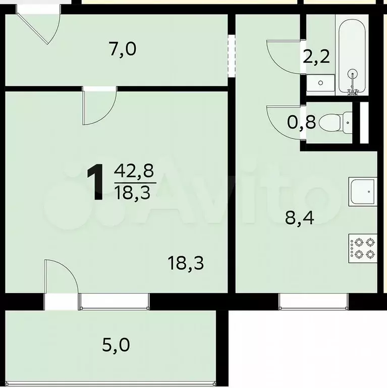 1-к. квартира, 40,4 м, 1/1 эт. - Фото 0