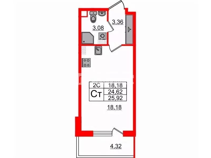 Студия Санкт-Петербург Пулковское ш., 95к5Д (24.62 м) - Фото 2
