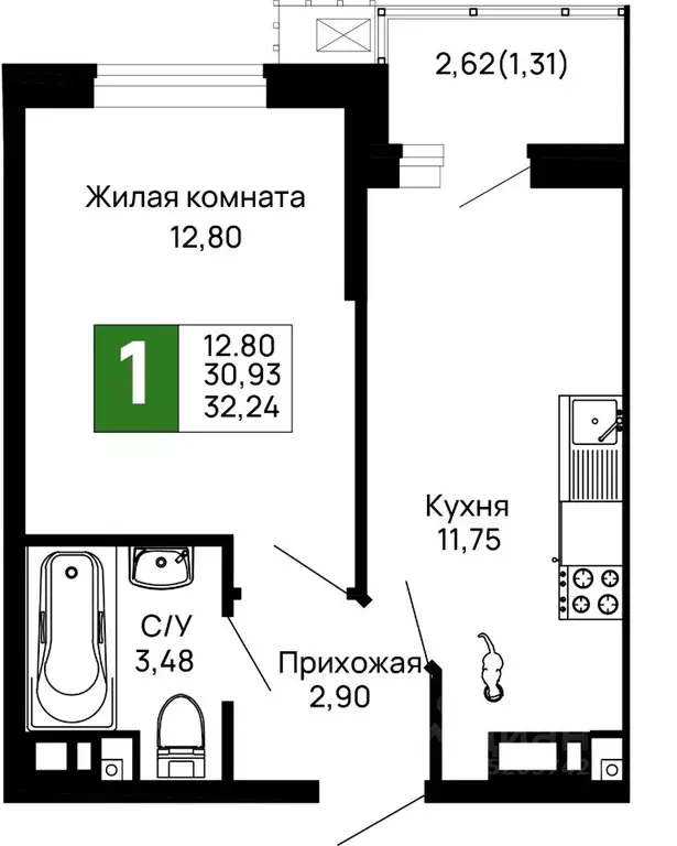 1-к кв. Адыгея, Майкоп 9 Мая ул., 14А (32.24 м) - Фото 0