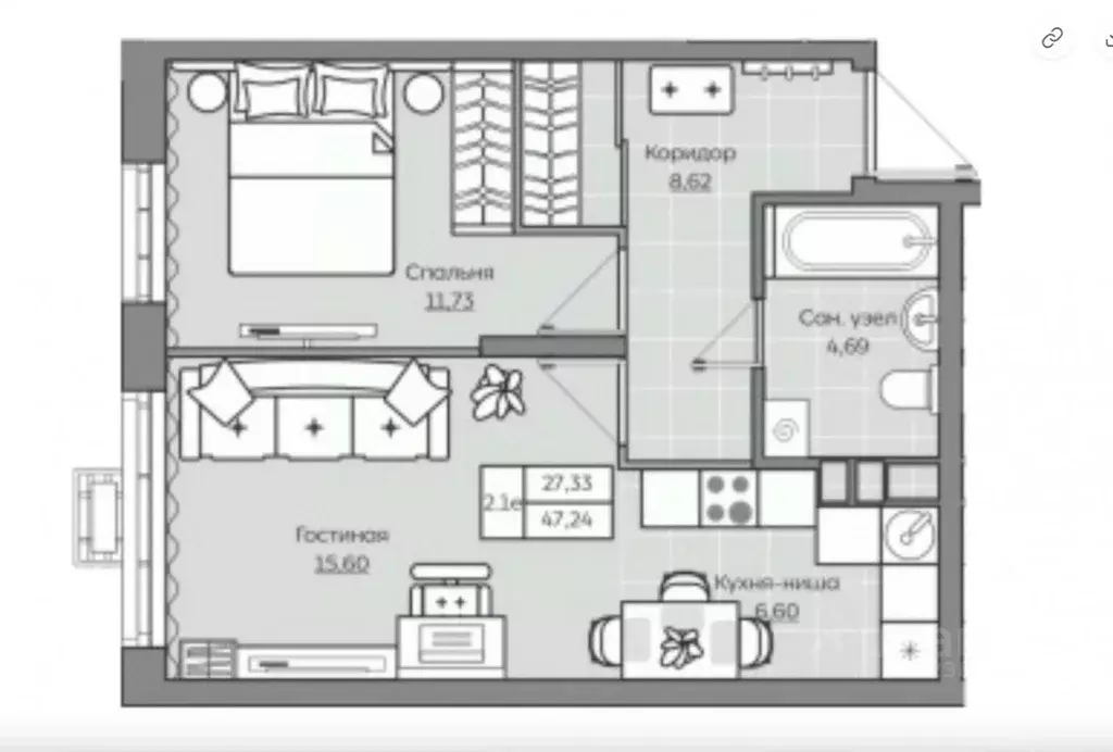 2-к кв. Татарстан, Казань ул. Ярышлар, 6 (46.8 м) - Фото 2