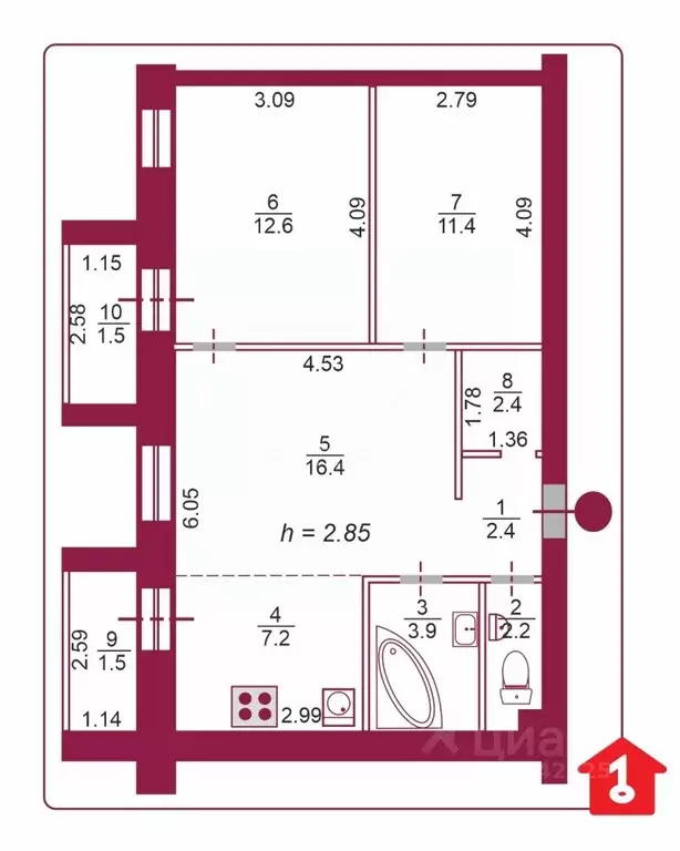 2-к кв. Омская область, Омск ул. Крупской, 14к2 (59.5 м) - Фото 2