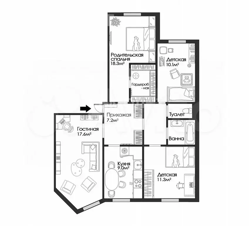 4-к. квартира, 81,4 м, 1/9 эт. - Фото 0