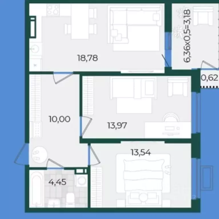 Квартира, 2 комнаты, 64.54 м - Фото 1