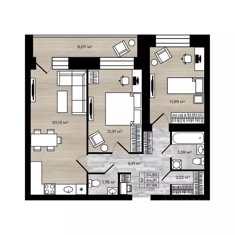 2-к кв. Ярославская область, Ярославль Тормозное ш. (67.98 м) - Фото 0