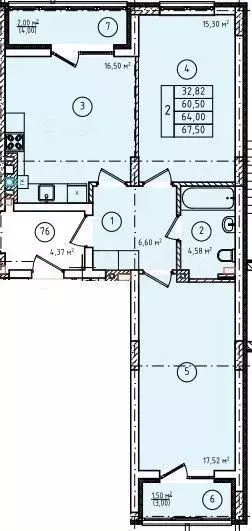 2-к. квартира, 64 м, 2/8 эт. - Фото 1