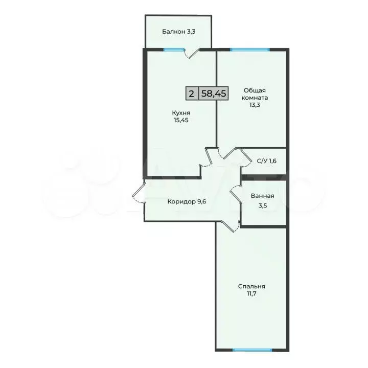 2-к. квартира, 58,5 м, 3/5 эт. - Фото 0