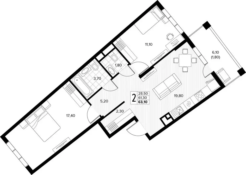 2-комнатная квартира: Сукко, жилой комплекс Кипарис (63.1 м) - Фото 1