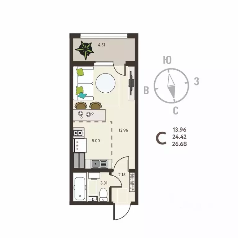 Студия Воронежская область, с. Новая Усмань, Ольха мкр  (26.68 м) - Фото 1