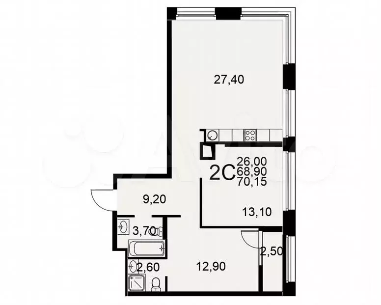 2-к. квартира, 70,2м, 4/25эт. - Фото 1