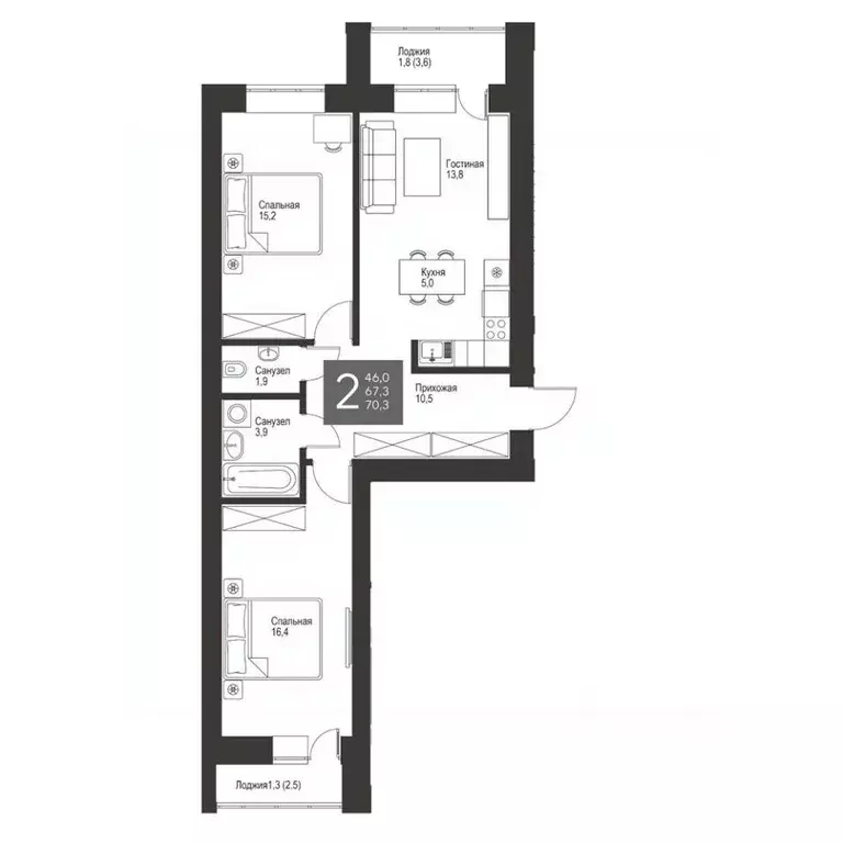 2-к кв. Татарстан, Альметьевск ул. Гафиатуллина, 60 (70.3 м) - Фото 1