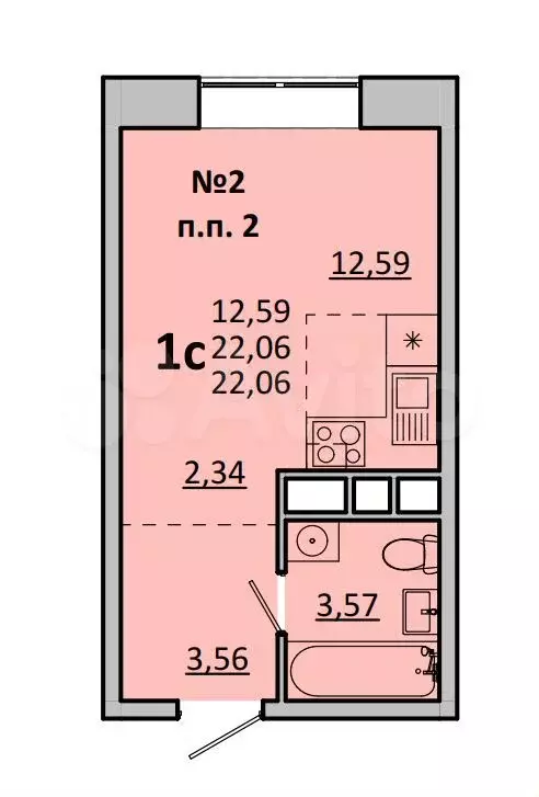 Квартира-студия, 22,1 м, 6/17 эт. - Фото 0