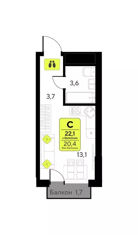 Квартира-студия: Тюмень, улица Первооткрывателей, 9 (22.1 м) - Фото 1