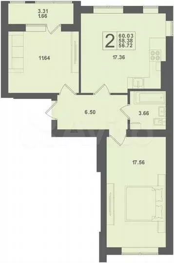 2-к. квартира, 60м, 1/4эт. - Фото 1